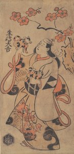 Skuespilleren Ikushima Daikichi som en kvinne som står under et Ume-tre, ca. 1705.