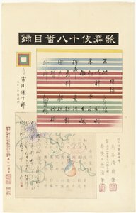 Innholdsfortegnelse for serien Kabuki juhachiban Kabuki juhachiban mokuroku (tittel på objekt) Spille atten kabuki (serietittel) Kabuki juhachiban (serietittel på objekt)