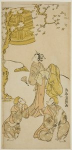 Skuespillerne Segawa Kikunojo II, Ichikawa Komazo II og Arashi Otohachi I i stykket "Fude Hajime Soga no Tamazusa," fremførte på Nakamura Theatre den første måneden, 1768