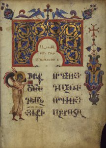 Dekorert initial med symbol for evangelisten Matthew