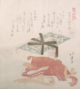 Eske med ansiktspulver og hårbånd, spesialiteter fra Shimomura i Ryogaecho, 1800-tallet. av Totoya Hokkei