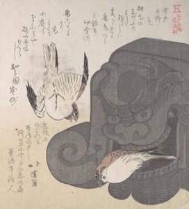 Takstein og spurver, spesialiteter fra Mizuno i Imado, 1800-tallet. av Totoya Hokkei