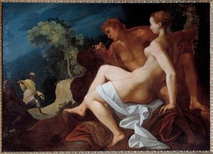Angelique et Medor Illustrasjon for "" Le Roland Furieux"" (Orlando Furioso) av Ludovic Ariosto (Arioste) som representerer Medor (Medoro) som skriver navnet til Angelique (Angelica), som han nettopp har sluttet seg til, på berget - Nederst , Roland kommer