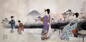 Japanske kvinner som går foran Fuji-fjellet Japansk trykk av Toyohara Chikanobu (1838-1912) 1896 Privat samling