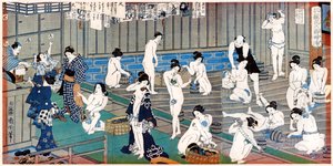 Badehusscene, et trykk av Toyohara Kunichika, 1800-tallet