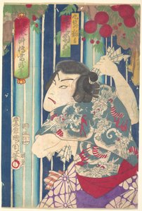 Fantasiportrett, scene-Shuihuzhuan: Tōryūdai (Mitate Suikoden Tōrōdai) - skuespilleren Onoe Kikugorō som Kumon no Ryūkichi av Toyohara Kunichika