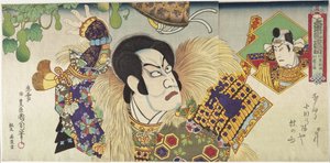 Kawarazaki Gonnosuke som Takechi Mitsuhide og Ichikawa Sadanji som Mashiba Hisayoshi av Toyohara Kunichika