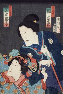 Onoe Baikō som den yngre søsteren Benizara og Seki Sanjūrō som moren Kataomoi i stykket Ichiban Norime Iki no Sashimono av Toyohara Kunichika