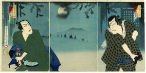 Onoe Kikugorō V som Daiba no Jinzō og Ichikawa Sadanji I som Itamiya Jubei av Toyohara Kunichika