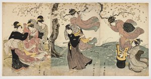 Japansk kunst: Flowers in the Wind (scene med kvinner og en mann som henger serpentiner fra grenene på et tre) - Trykk av Utagawa Toyokuni (1769-1825) linosnitt (37,8x75,9), ca. 1797-1800 - Honolulu Academy of Arts