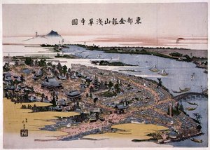 Kinryuzan Senso-ji-tempelet i den østlige hovedstaden (Edo) ca. 1820 (treblokktrykk) av Toyota Hokkei