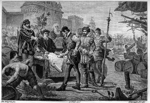Frikjenning av den tidligere cypersloven i Bordeaux i 1453. Graveringer 1800-tallet etter tegningen av Garnier Trichon. av Trichon (after)