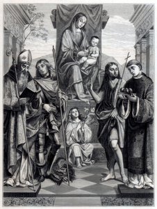 Madonna sitter på en trone omgitt av hellige, c1494-1517 1870 av Trichon