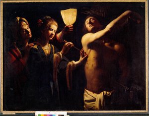 Saint Sebastian helbreder av Saint Irene Sebastian etter hennes første martyrium og blir behandlet av enken Irene og hennes tjenerinne. Maleri av Trophime Bigot kjent som Le Maitre a la Candelle (1600-tallet). 1620-1630. Dim. 1,29x1,7 m. Bordeaux, Museum o
