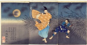 Fujiwara no Yasumasa spiller fløyte i måneskinn av Tsukioka Yoshitoshi
