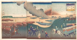 Manøvrer med tre kategorier franske og engelske soldater (Furansu Igirisu sanhei ōchōren no zu) av Tsukioka Yoshitoshi