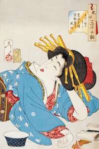 Øyeblikk for avslapning, Face of Kansei-periodens Geisha fra Kyoto, Illustrasjon av Tsukioka Yoshitoshi (1839-1892) fra Trettito aspekter av skikker og oppførsel, Oban-tate-e tresnitt, 37,5 x 26 cm, japansk sivilisasjon av Tsukioka Yoshitoshi