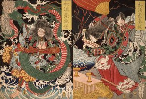 Tawaraya Tda and a Dragon og Ono no Komachi Praying for Rain fra serien Valor in China and Japan, 1868 (farget treblokktrykk) av Tsukioka Yoshitoshi