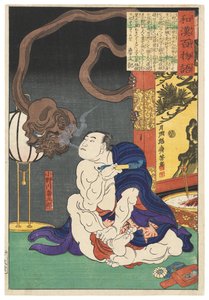 Bryteren Onogawa Kisaburō blåser røyk mot et enøyd monster av Tsukioka Yoshitoshi
