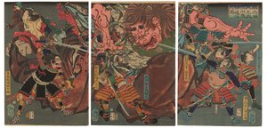 Yorimitsu shiten-o Oeyama kishin taiji nozu (Yorimitsu og hans fire følgesvenner som erobrer demonen på Mount Oe) av Tsukioka Yoshitoshi