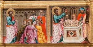 Predella med livet til den hellige Bartolomeus, driver med eksorcismer og døper, detaljer fra jomfru og barn omgitt av engler og helgener (olje på panel