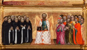 Predella med livet til St Bartholomew, fra Jomfru og barn omgitt av engler og helgener (olje på panel