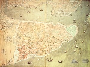 H 1523 fol.158v-159r Utsikt over Istanbul og Bosporosstredet, fra 
