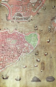 H 1523 fol.159v Utsikt over Topkapi-palasset og Bosporosstredet, Istanbul, fra Hunername av Lokman, 1558 (penn og blekk og gouache på papir) (se også 229557) av Turkish School