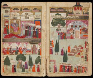 Le couronnement du sultan ottoman Mehmet III (1566-1603) au palais Topkapi, no 1595 - Mehmed IIIs kroning i Topkapi-palasset i 1595 (Fra manuskript Mehmed IIIs kampanje i Ungarn) - tyrkisk mester - ca. 1600 - Akvarell og blekk på papir - The av Turkish School