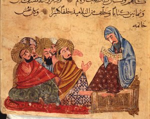 Sokrates debatterer om filosofi med sine tilhengere, Tyrkia, arabisk manuskript av Turkish School