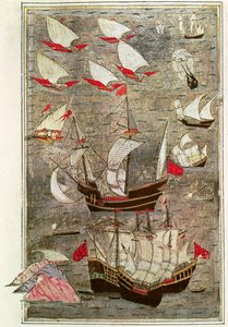 Den osmanske flåten til Tarik-y Bayezid (blekk og bladgull på vellum) av Turkish School