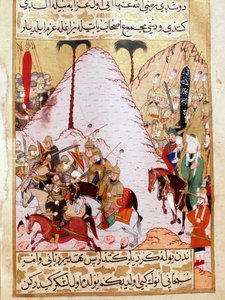 Profeten Muhammed (Muhammed eller Muhammed) (570-632) (ansiktsdekket) under beleiringen av Mekka tyrkisk miniatyr fra 1700-tallets Topkapi-palass Istanbul Tyrkia av Turkish School