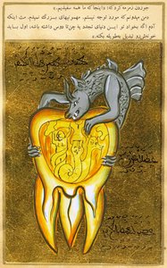 anatomisk syn på en tann, kilden til tannpine er vist som en helvetes demon (akvarell og gullpulver på papir) av Turkish School