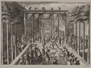 Bankett i den orientalske gårdsplassen. Forrest bueskytter og menn i brytekamp av Ubekendt