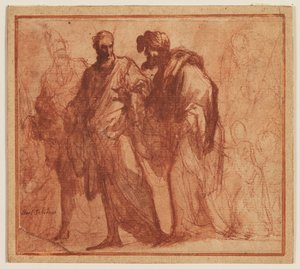 Fire gående menn, en muligens Moses, og putti
