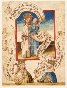 Kristus omfavner en kvinne (personifiserer de troende?) Under "Solomon" og "Hester" av Ubekendt