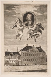 Medaljong med portrett av en gutt av familien Plessen. f.n. et bindingsverkshus og et herskapshus av Ubekendt