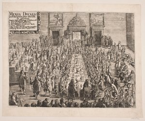 "Mensa Ducalis". Gjesteinvitasjonen til hertug Christian Albrecht etter innvielsen av universitetet i Kiel av Ubekendt