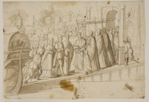 Kong Henry III, Doge Alvise Mocenigo og kardinal San Sisto ble mottatt av den venetianske patriarken Giovanni Trevisan ved Lido i Venezia av Ubekendt Ubekendt