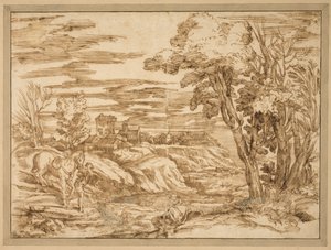 Elvelandskap med en sittende mann med turban og en gutt som leder en hest i forgrunnen, etter etsningen B.8, tilskrevet Titian av Ubekendt Ubekendt