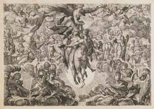 Maleri, skulptur og arkitektur, forbudt av tyrkerne, trukket tilbake til Olympus av Ubekendt efter Jan Muller; H. Goltzius; Ae. Sadeler og Lucas Kilian efter Bartholomeus Spranger