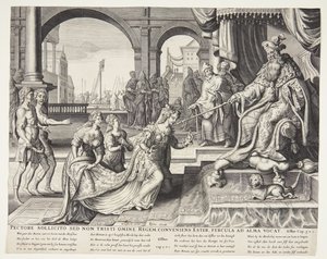 Ester foran Ahasverus og inviterte ham til en bankett av Ubekendt efter Philips Galle efter forlæg af Maarten van Heemskerck
