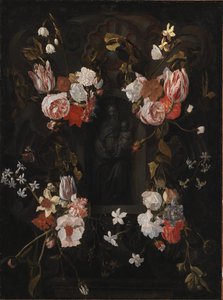 En steinkartasje med jomfru Maria og spedbarnet Kristus i en nisje omkranset av en blomsterkrans av Ubekendt flamsk 1600 tallet