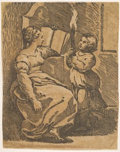 En Sybil-lesing vendt mot høyre, ca. 1517-18. av Ugo da Carpi