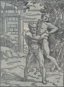 Hercules og Antaeus, ca. 1517-18. av Ugo da Carpi