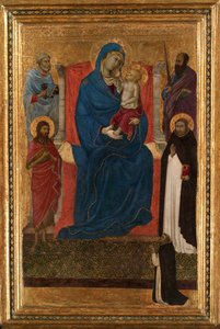 Jomfru og barn på tronen med de hellige Peter, Paulus, døperen Johannes og Dominikus og en dominikaner... av Ugolino da Siena