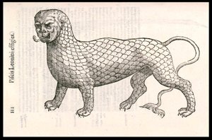 Monster Creature: en løve dekket med fiskeskjell (eller løvefisk). Gravering av Ulisse Aldrovandi (1522-1605), «Monstrorum Historiae», Bologna 1642