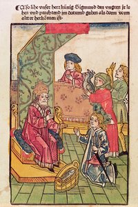 Keiser Sigismund (1367-1437) av Luxemburg mottar hyllingen av sine ungarske undersåtter, 1483, (farget tresnitt) (se også 316982) av Ulrich von Richental