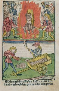 Jan Hus brent på bålet i Constance of Constance, fra 'Historie of the Council of Constance', utgitt 1483