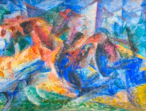 Hest, rytter og bygninger av Umberto Boccioni